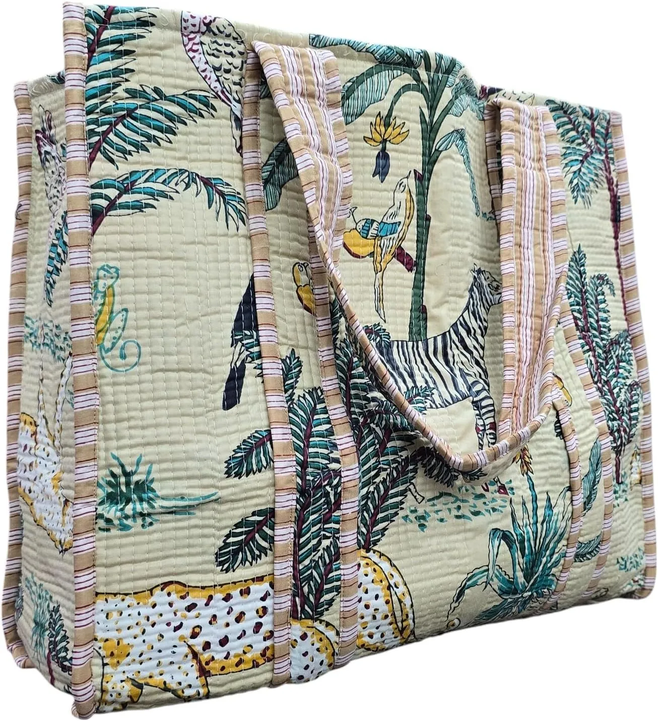 JAIPURIGARMENT Jungle Handblock Printed Cotton Quilted Tote Bag | Lighweight Shoulder Quilted Tote Bag