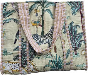 JAIPURIGARMENT Jungle Handblock Printed Cotton Quilted Tote Bag | Lighweight Shoulder Quilted Tote Bag
