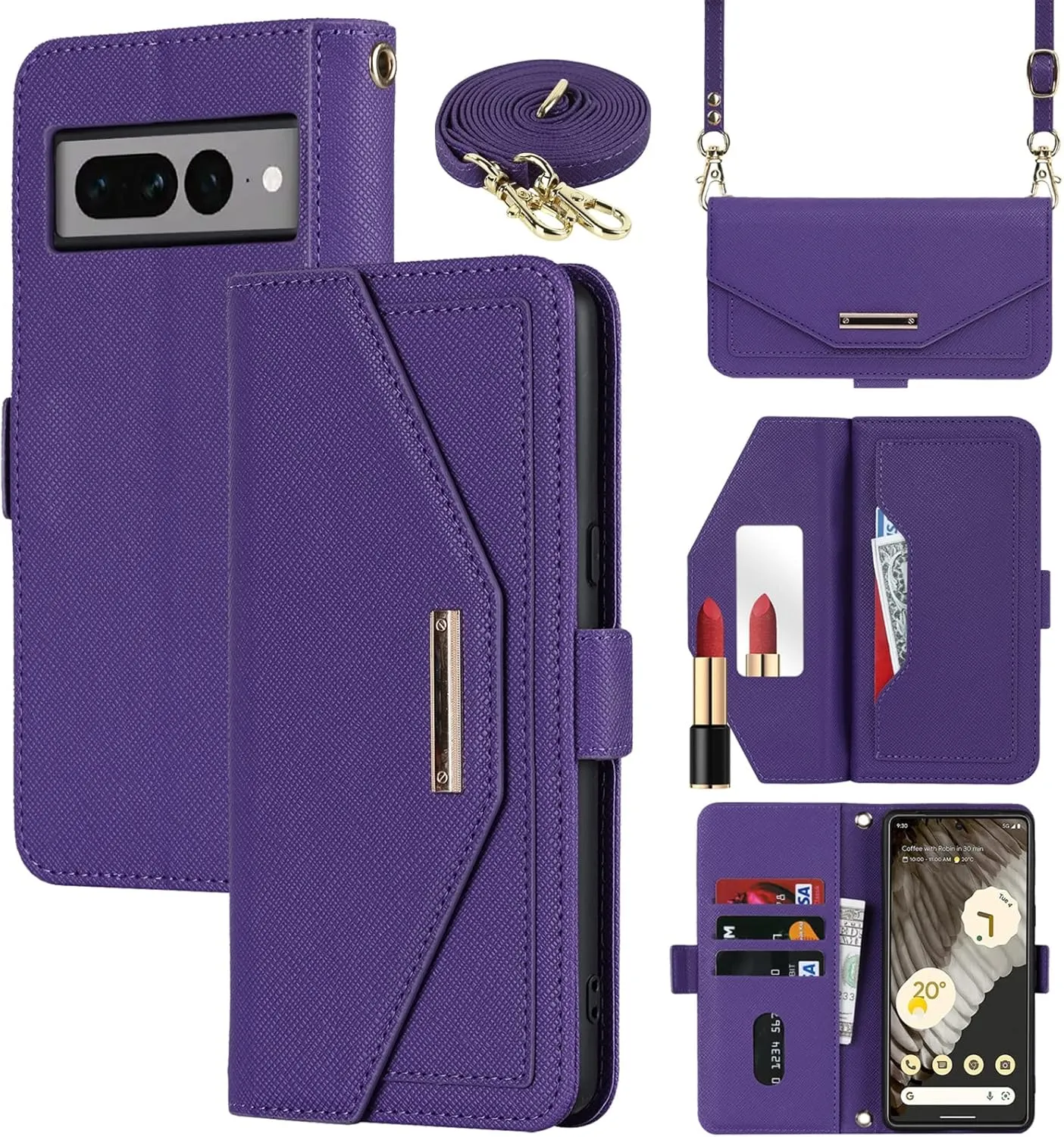 Jaorty Crossbody Wallet for Google Pixel 7 Pro Case with Adjustable Lanyard Strap Credit Card Holder 6.7",PU Leather Handbag Purse Kickstand Make Up Mirror Cover Case for Men Women Girl,Purple