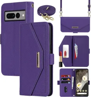 Jaorty Crossbody Wallet for Google Pixel 7 Pro Case with Adjustable Lanyard Strap Credit Card Holder 6.7",PU Leather Handbag Purse Kickstand Make Up Mirror Cover Case for Men Women Girl,Purple