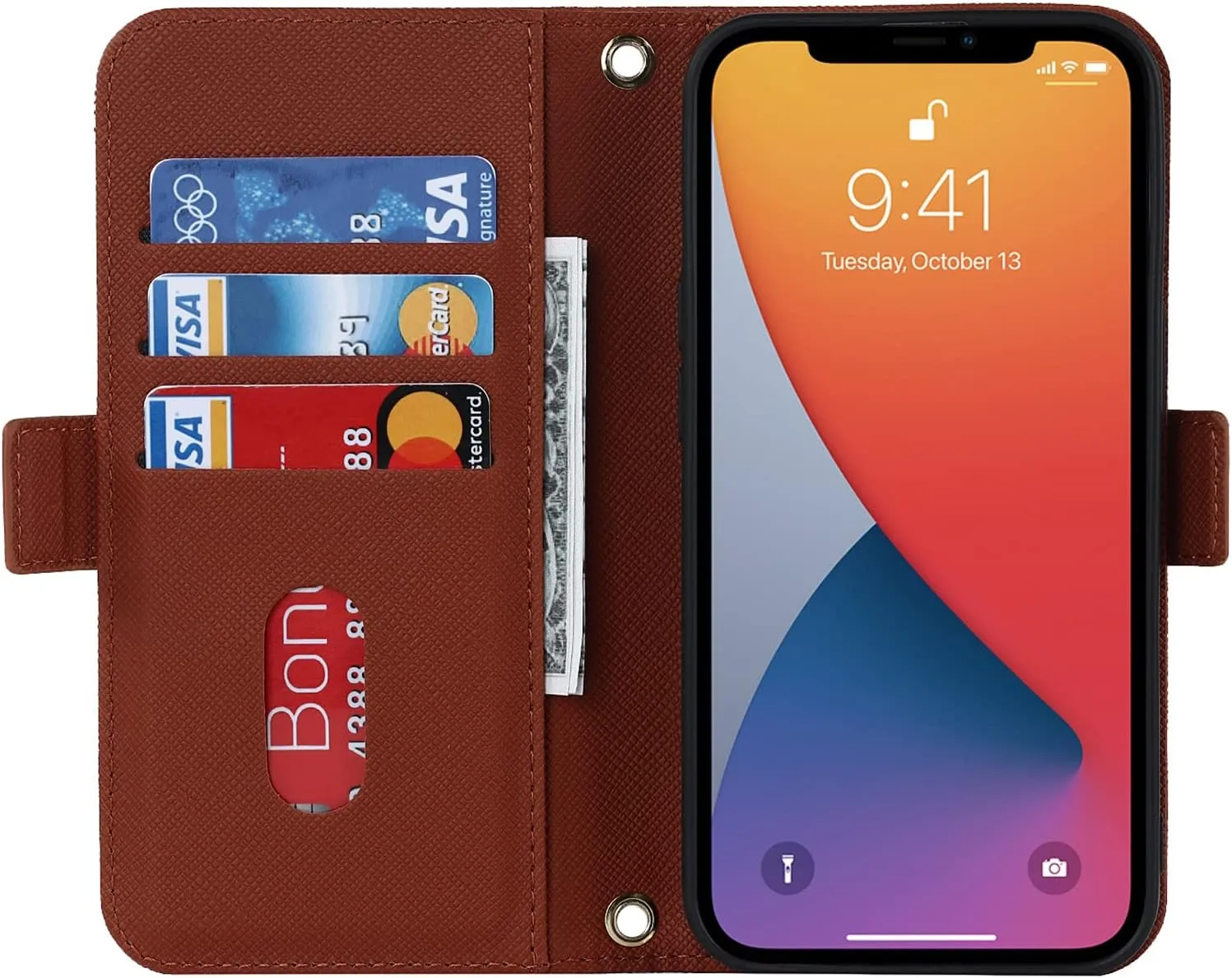 Jaorty Crossbody Wallet for iPhone 12 Pro/iPhone 12 Case with Adjustable Lanyard Strap Credit Card Holder 6.1",PU Leather Handbag Purse Kickstand Make Up Mirror Cover Case for Men Women Girl,Brown