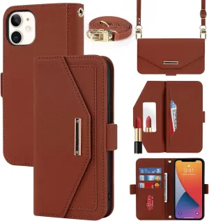 Jaorty Crossbody Wallet for iPhone 12 Pro/iPhone 12 Case with Adjustable Lanyard Strap Credit Card Holder 6.1",PU Leather Handbag Purse Kickstand Make Up Mirror Cover Case for Men Women Girl,Brown