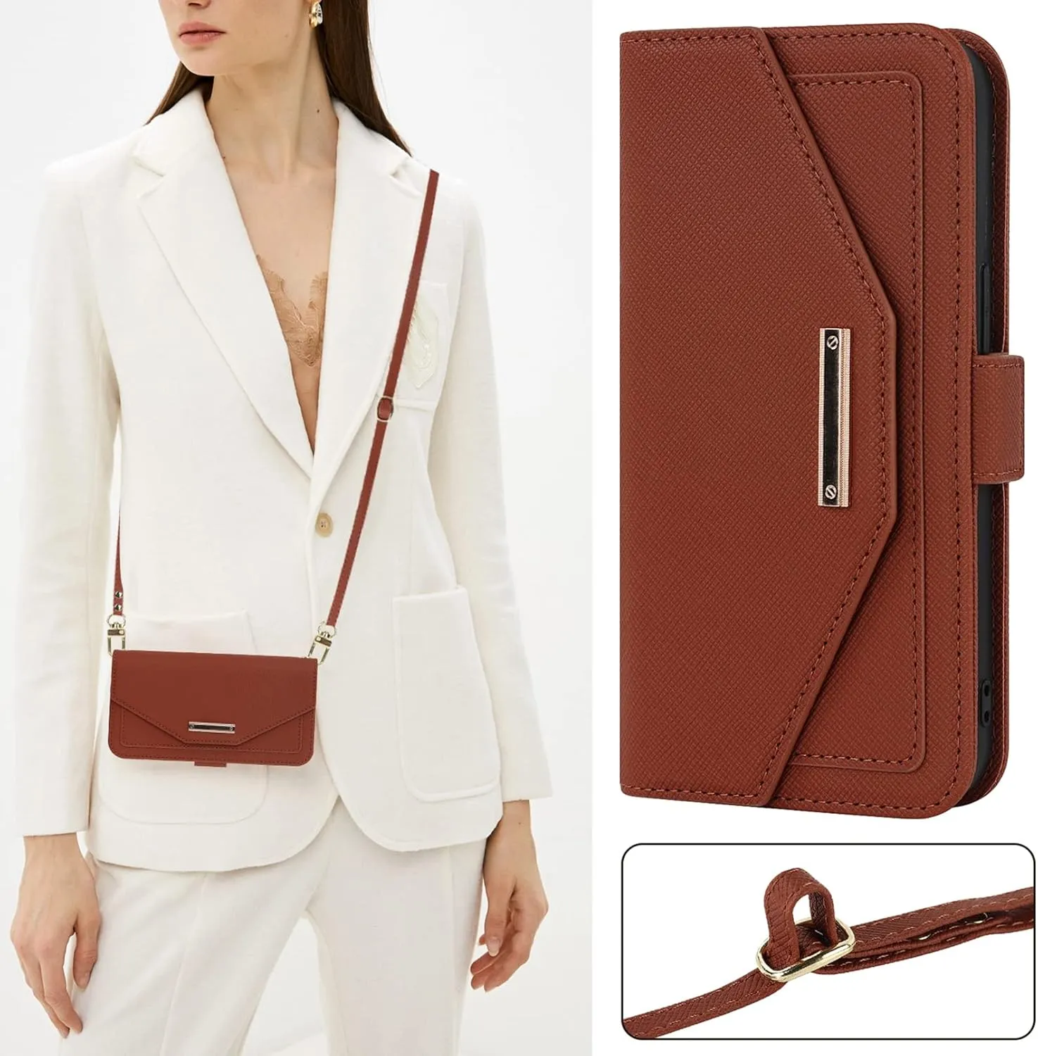 Jaorty Crossbody Wallet for iPhone 15 Pro Case with Adjustable Lanyard Strap Credit Card Holder 6.1",PU Leather Handbag Purse Kickstand Make Up Mirror Cover Case for Men Women Girl,Brown
