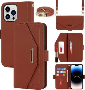 Jaorty Crossbody Wallet for iPhone 15 Pro Case with Adjustable Lanyard Strap Credit Card Holder 6.1",PU Leather Handbag Purse Kickstand Make Up Mirror Cover Case for Men Women Girl,Brown