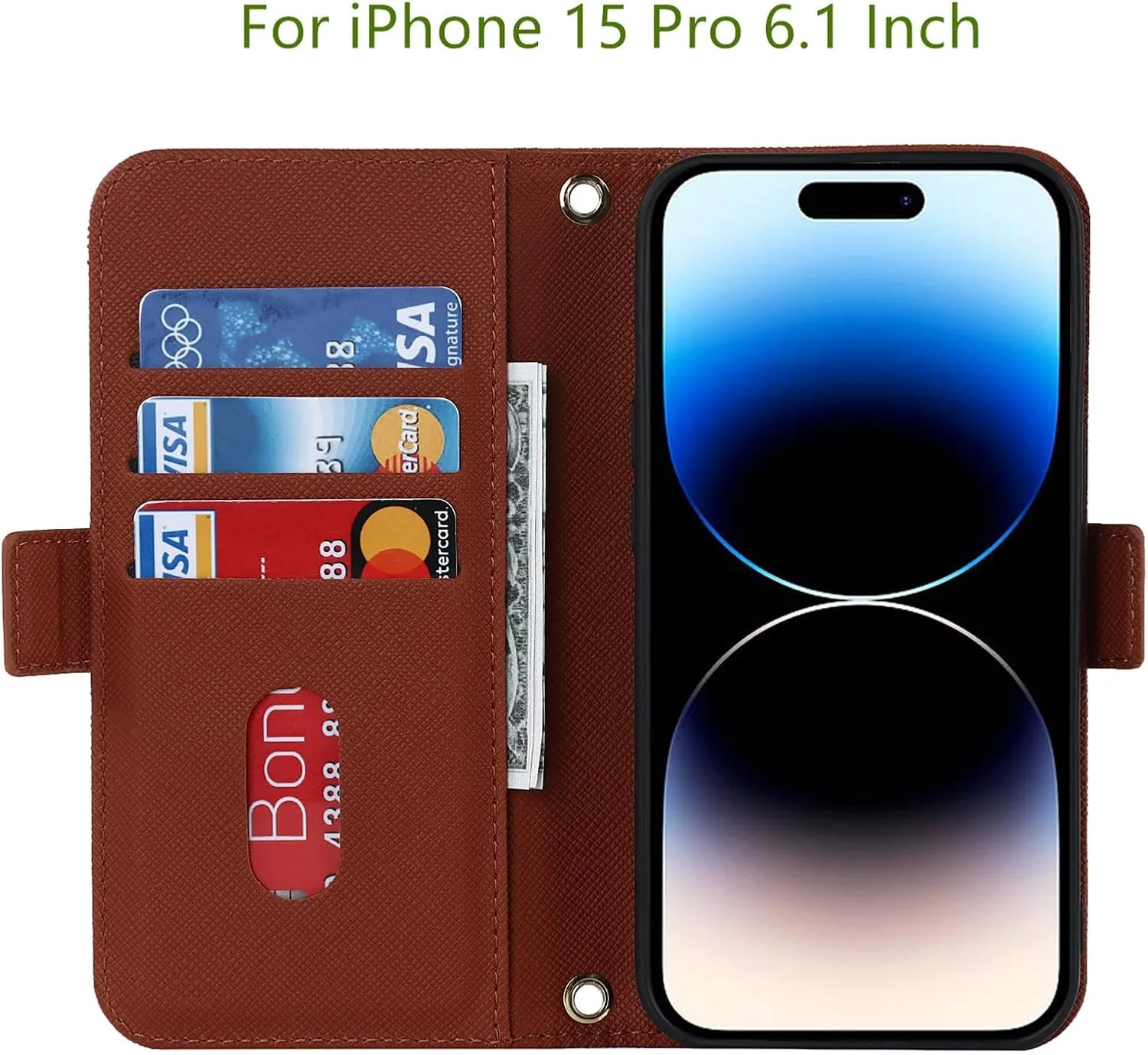 Jaorty Crossbody Wallet for iPhone 15 Pro Case with Adjustable Lanyard Strap Credit Card Holder 6.1",PU Leather Handbag Purse Kickstand Make Up Mirror Cover Case for Men Women Girl,Brown