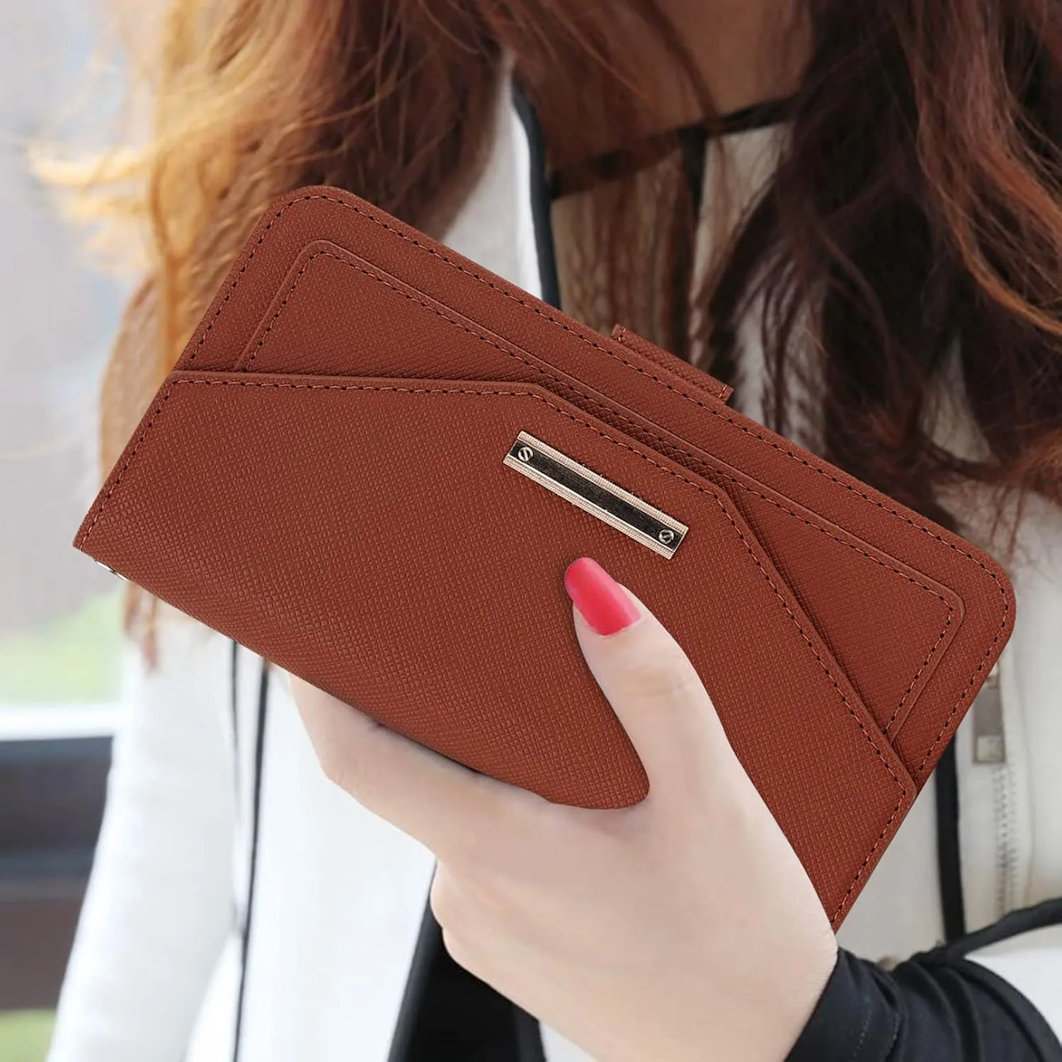 Jaorty Crossbody Wallet for iPhone 15 Pro Case with Adjustable Lanyard Strap Credit Card Holder 6.1",PU Leather Handbag Purse Kickstand Make Up Mirror Cover Case for Men Women Girl,Brown