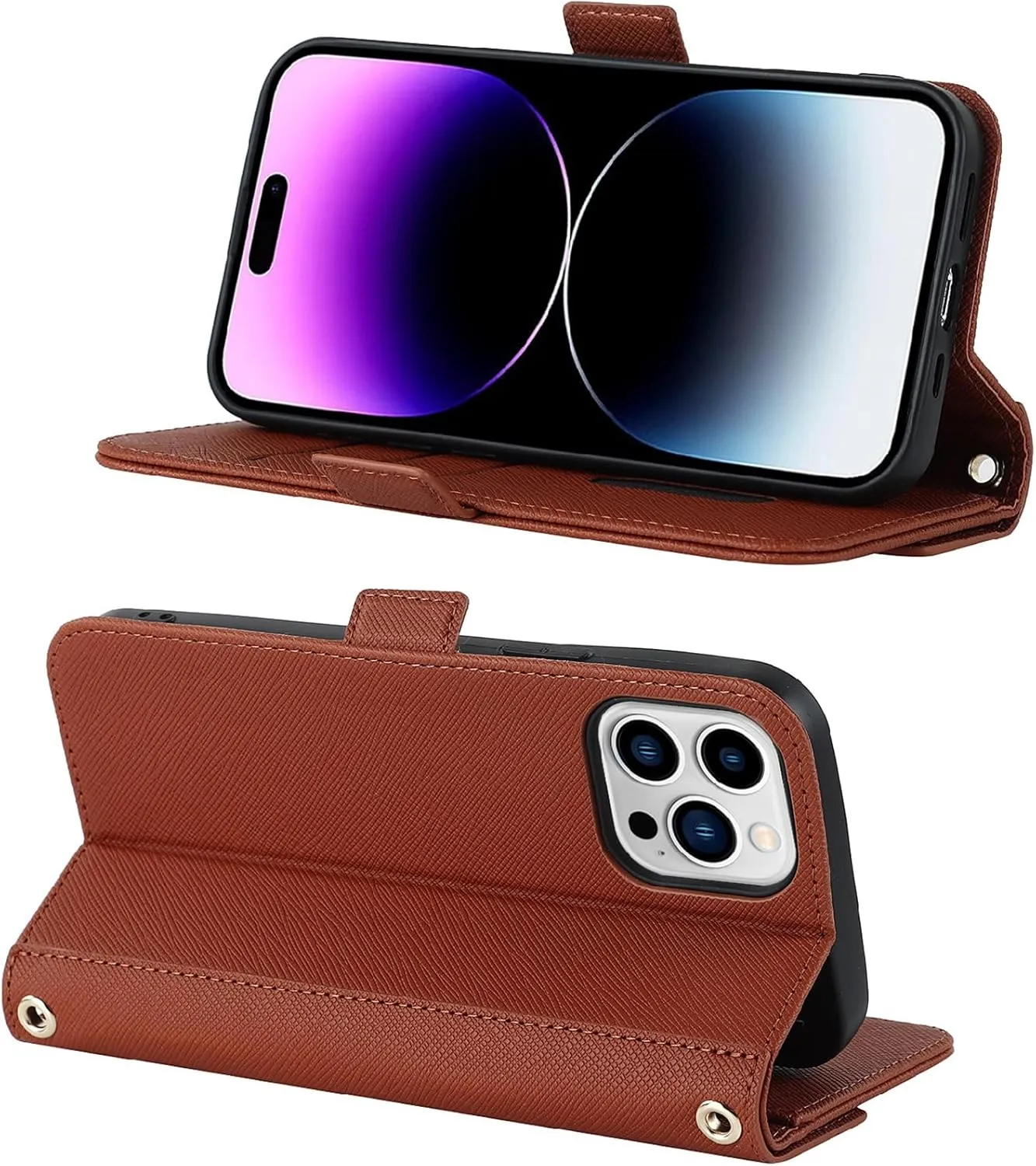 Jaorty Crossbody Wallet for iPhone 15 Pro Case with Adjustable Lanyard Strap Credit Card Holder 6.1",PU Leather Handbag Purse Kickstand Make Up Mirror Cover Case for Men Women Girl,Brown