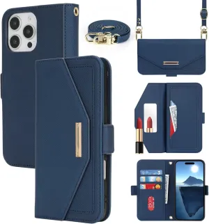 Jaorty Crossbody Wallet for iPhone 16 Pro Case with Strap, Credit Card Holder,Adjustable Shouler Lanyard, 6.3",PU Leather Handbag Purse Kickstand Make Up Mirror Cover Case for Women Girl,Blue