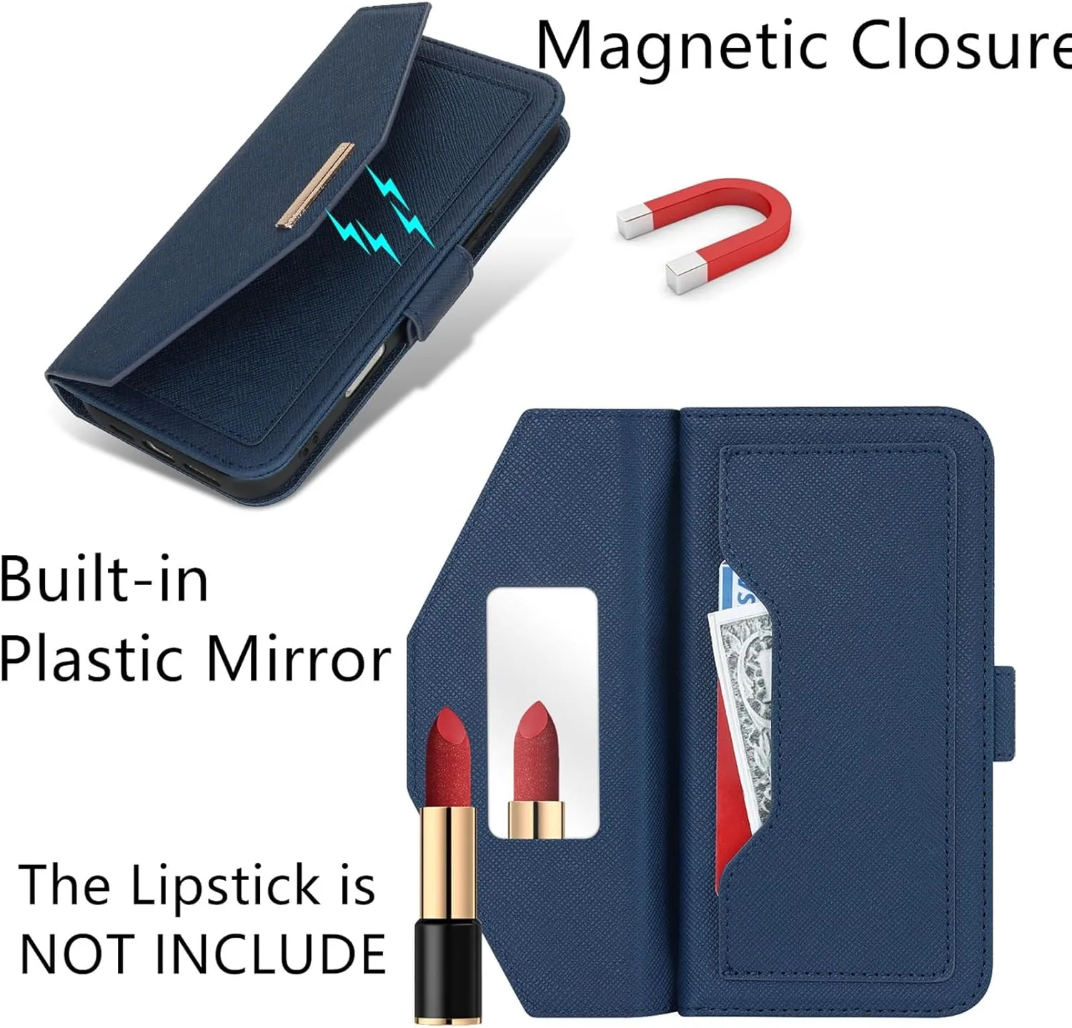 Jaorty Crossbody Wallet for iPhone 16 Pro Case with Strap, Credit Card Holder,Adjustable Shouler Lanyard, 6.3",PU Leather Handbag Purse Kickstand Make Up Mirror Cover Case for Women Girl,Blue