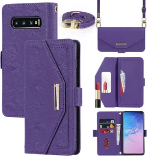 Jaorty Crossbody Wallet for Samsung Galaxy S10 Case with Adjustable Lanyard Strap Credit Card Holder 6.1",PU Leather Handbag Purse Kickstand Make Up Mirror Cover Case for Men Women Girl,Purple