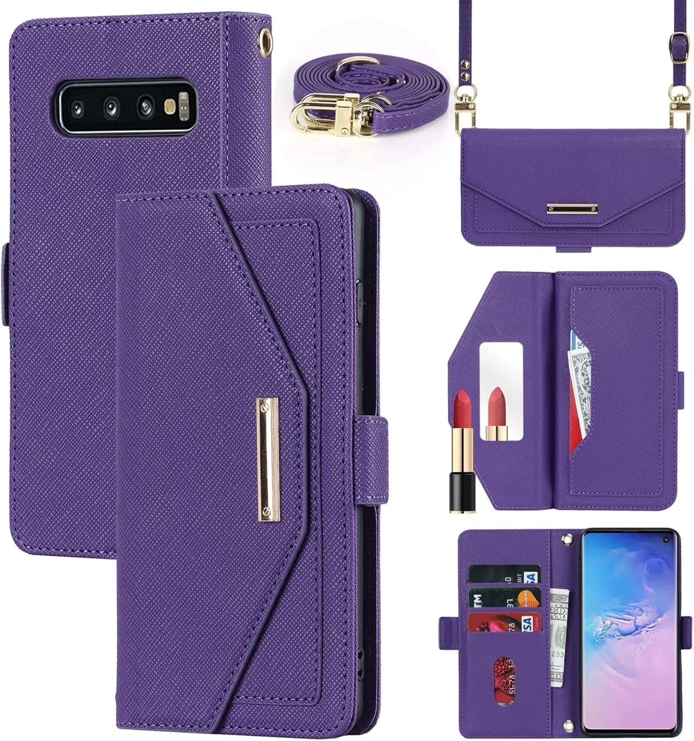 Jaorty Crossbody Wallet for Samsung Galaxy S10 Case with Adjustable Lanyard Strap Credit Card Holder 6.1",PU Leather Handbag Purse Kickstand Make Up Mirror Cover Case for Men Women Girl,Purple
