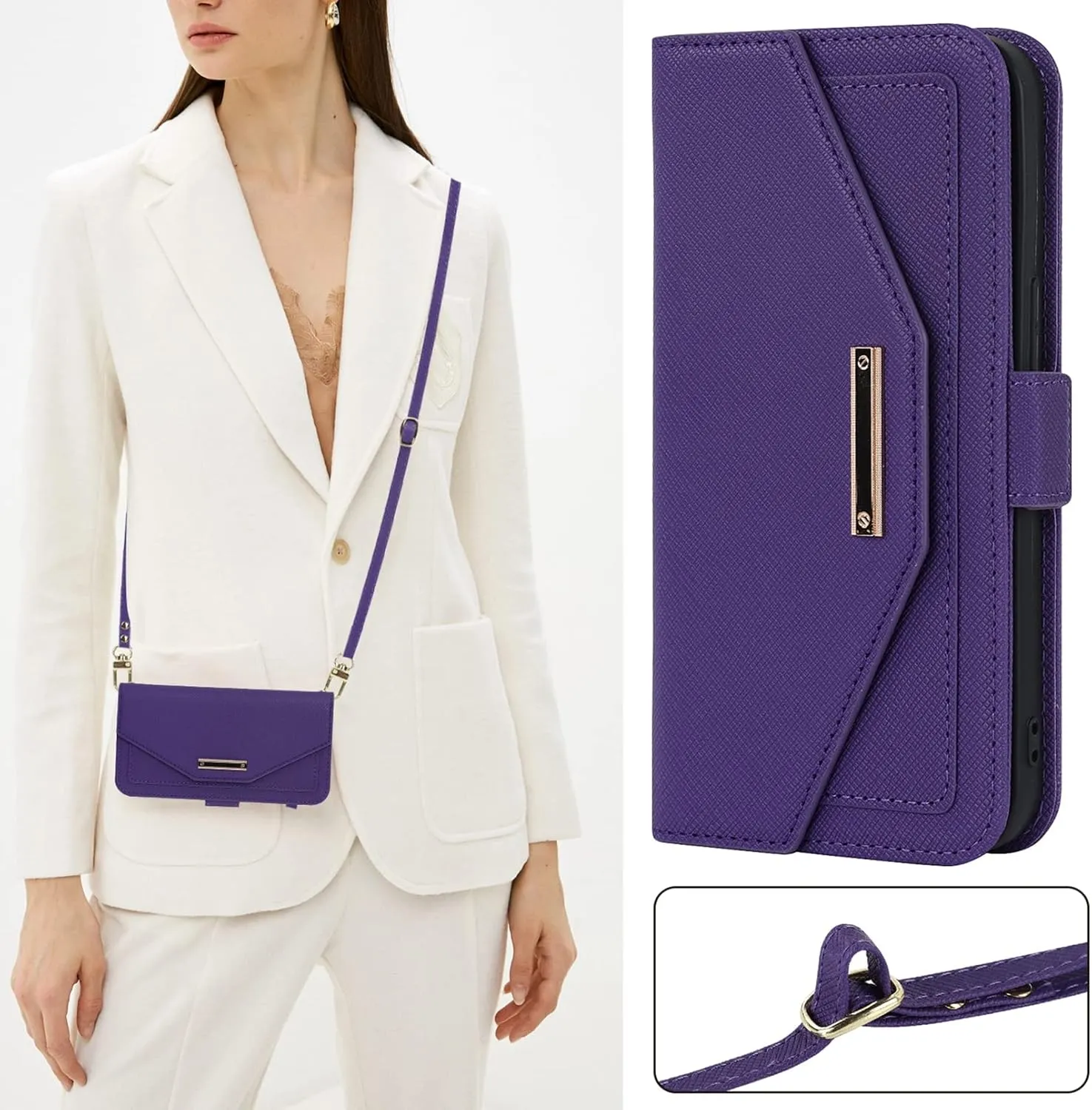 Jaorty Crossbody Wallet for Samsung Galaxy S10 Case with Adjustable Lanyard Strap Credit Card Holder 6.1",PU Leather Handbag Purse Kickstand Make Up Mirror Cover Case for Men Women Girl,Purple