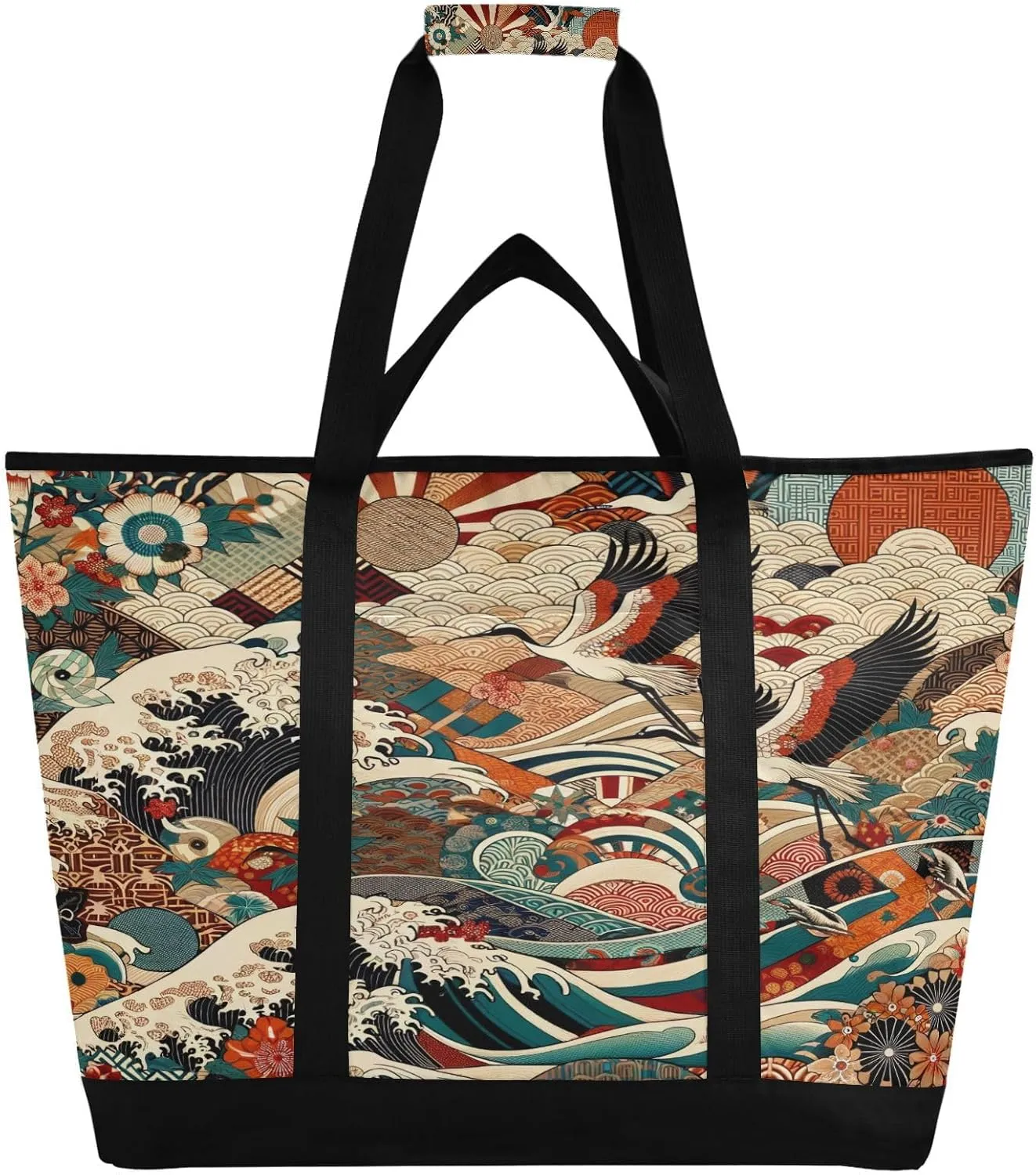 Japanese Texture Reusable Insulated Lunchbox Cooler Bag, Leakproof Kitchen Grocery Bag Collapsible Portable Cooler Tote Bag for Picnic, Camping, Office, Travel