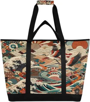 Japanese Texture Reusable Insulated Lunchbox Cooler Bag, Leakproof Kitchen Grocery Bag Collapsible Portable Cooler Tote Bag for Picnic, Camping, Office, Travel