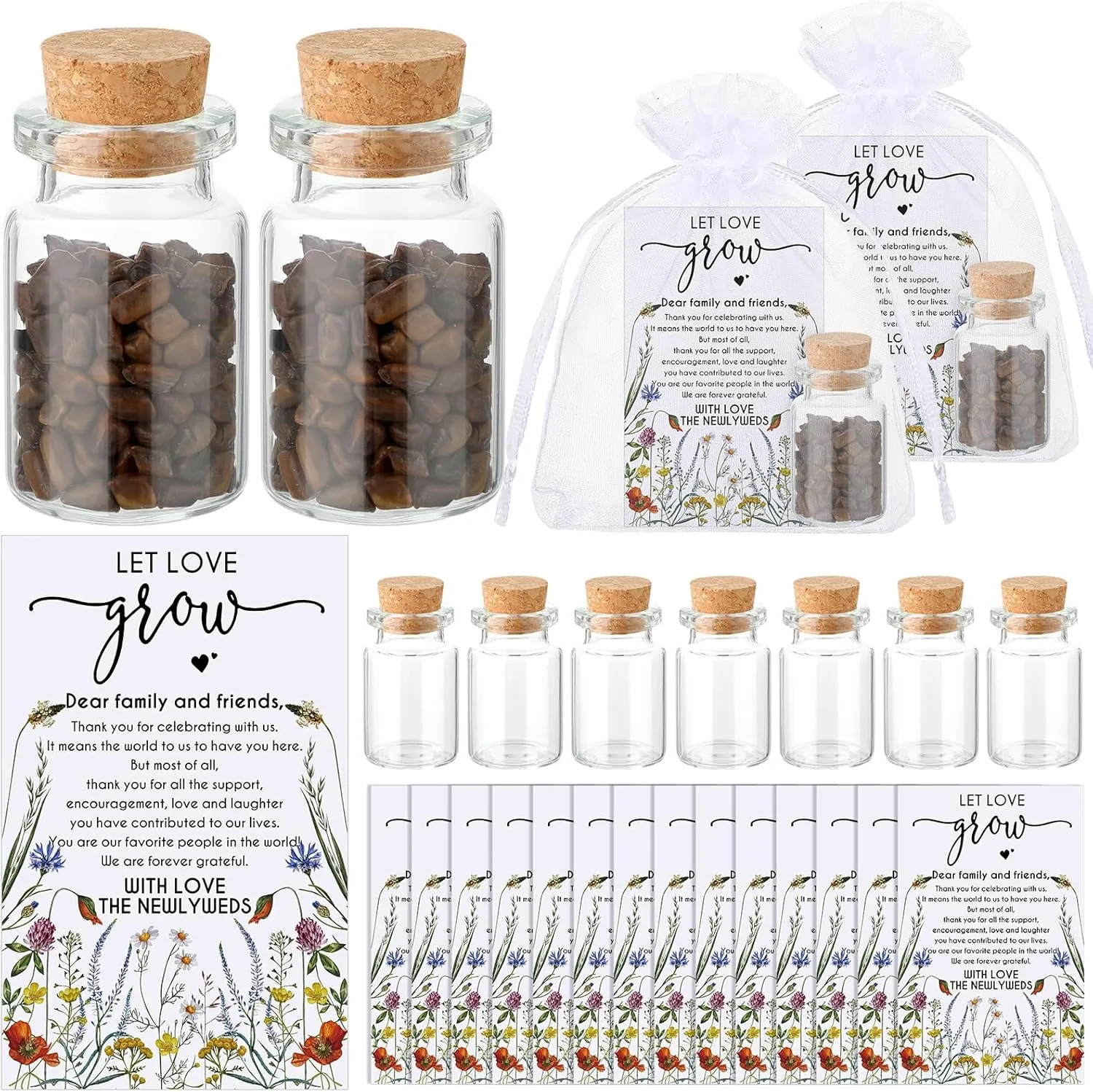 Jinei 100 Sets Wedding Favor for Guests 100 Small Glass Bottles with Cork Stopper 100 Wedding Thank Cards and 100 Organza Bags, No Seeds(Flower)