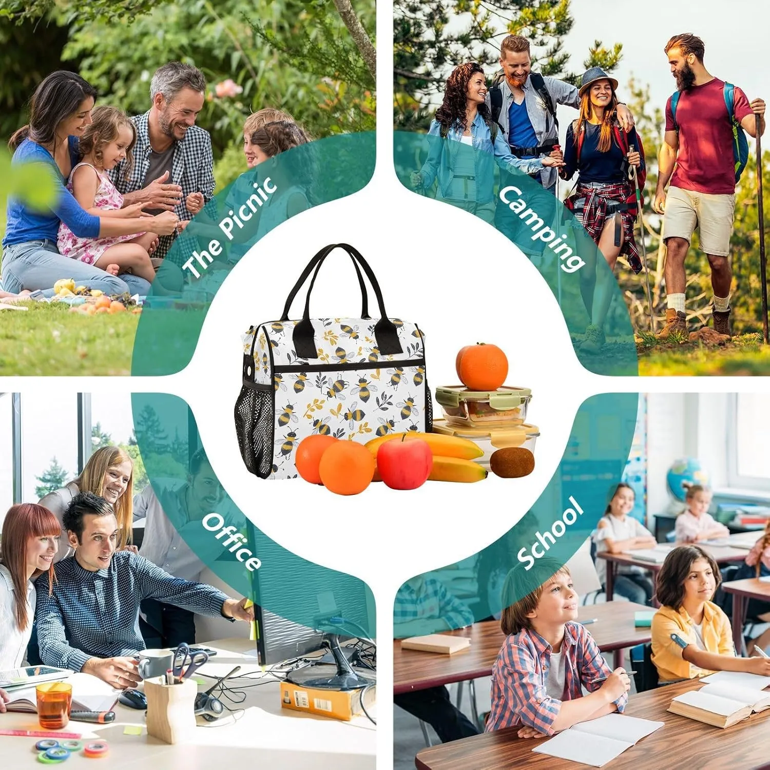 JIPONI Cute Little Bees Insulated Lunch Bag for Women, Lunch Box With Adjustable Shoulder Belt Cooler Tote Bags For Work, Camping, Picnic