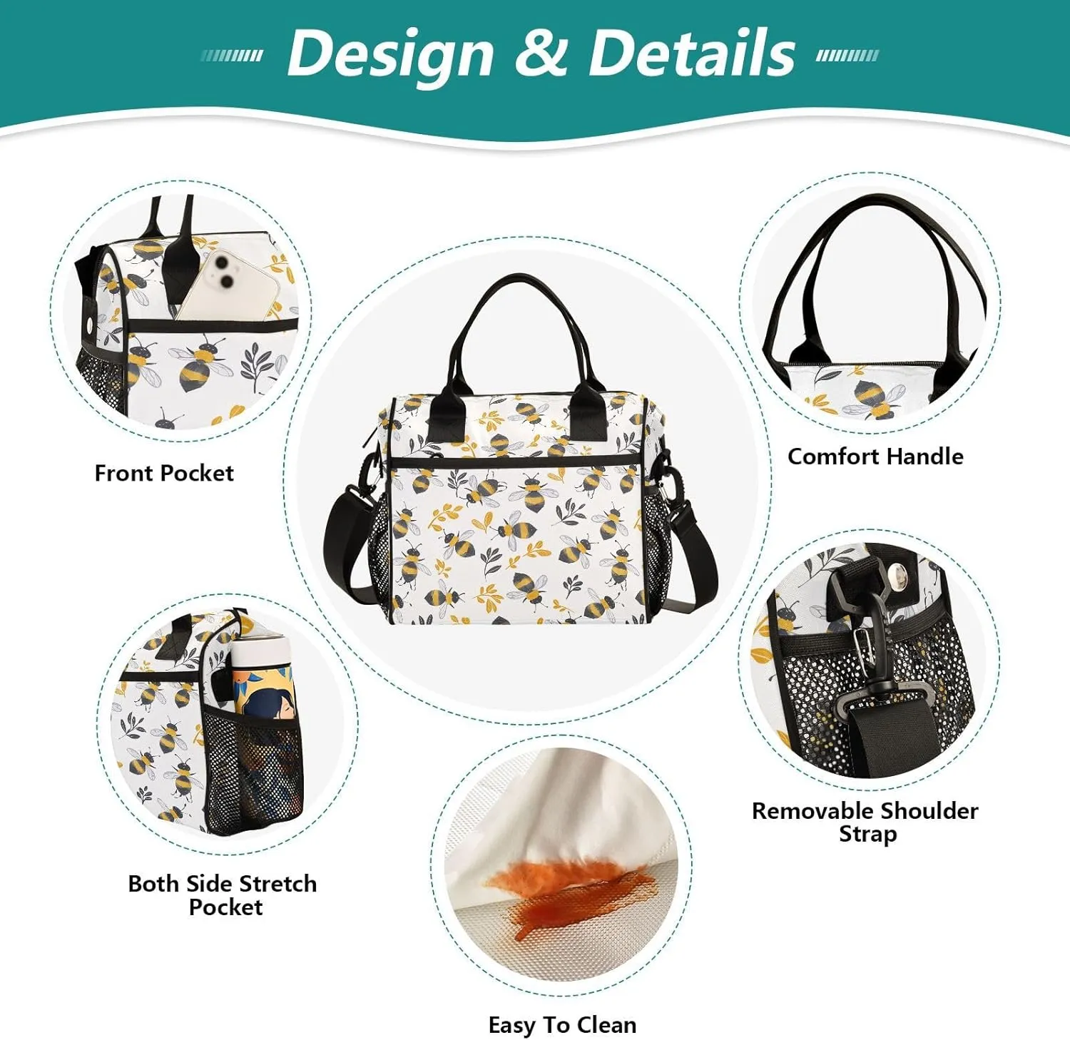 JIPONI Cute Little Bees Insulated Lunch Bag for Women, Lunch Box With Adjustable Shoulder Belt Cooler Tote Bags For Work, Camping, Picnic
