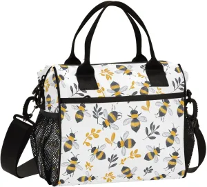 JIPONI Cute Little Bees Insulated Lunch Bag for Women, Lunch Box With Adjustable Shoulder Belt Cooler Tote Bags For Work, Camping, Picnic