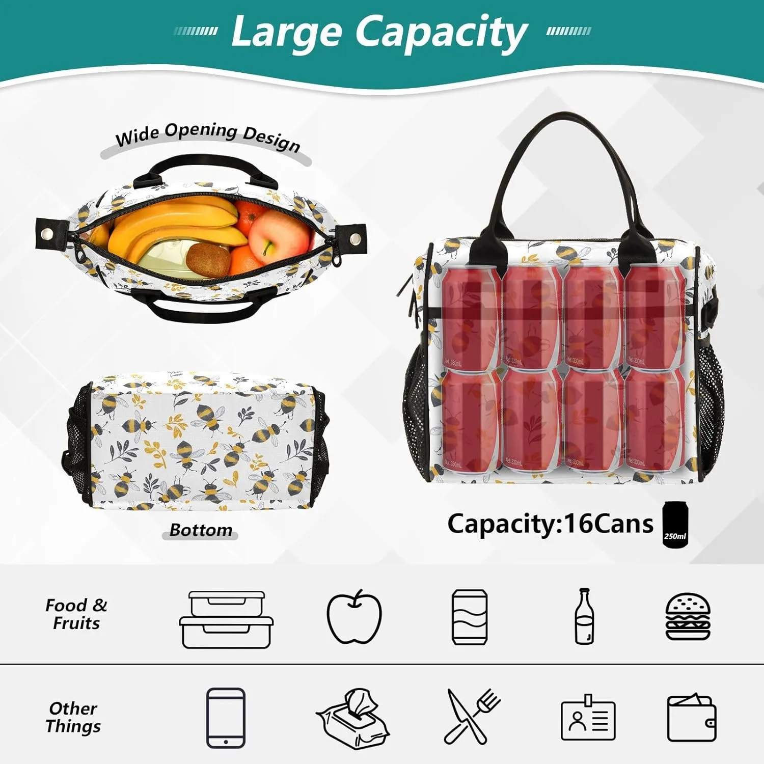JIPONI Cute Little Bees Insulated Lunch Bag for Women, Lunch Box With Adjustable Shoulder Belt Cooler Tote Bags For Work, Camping, Picnic