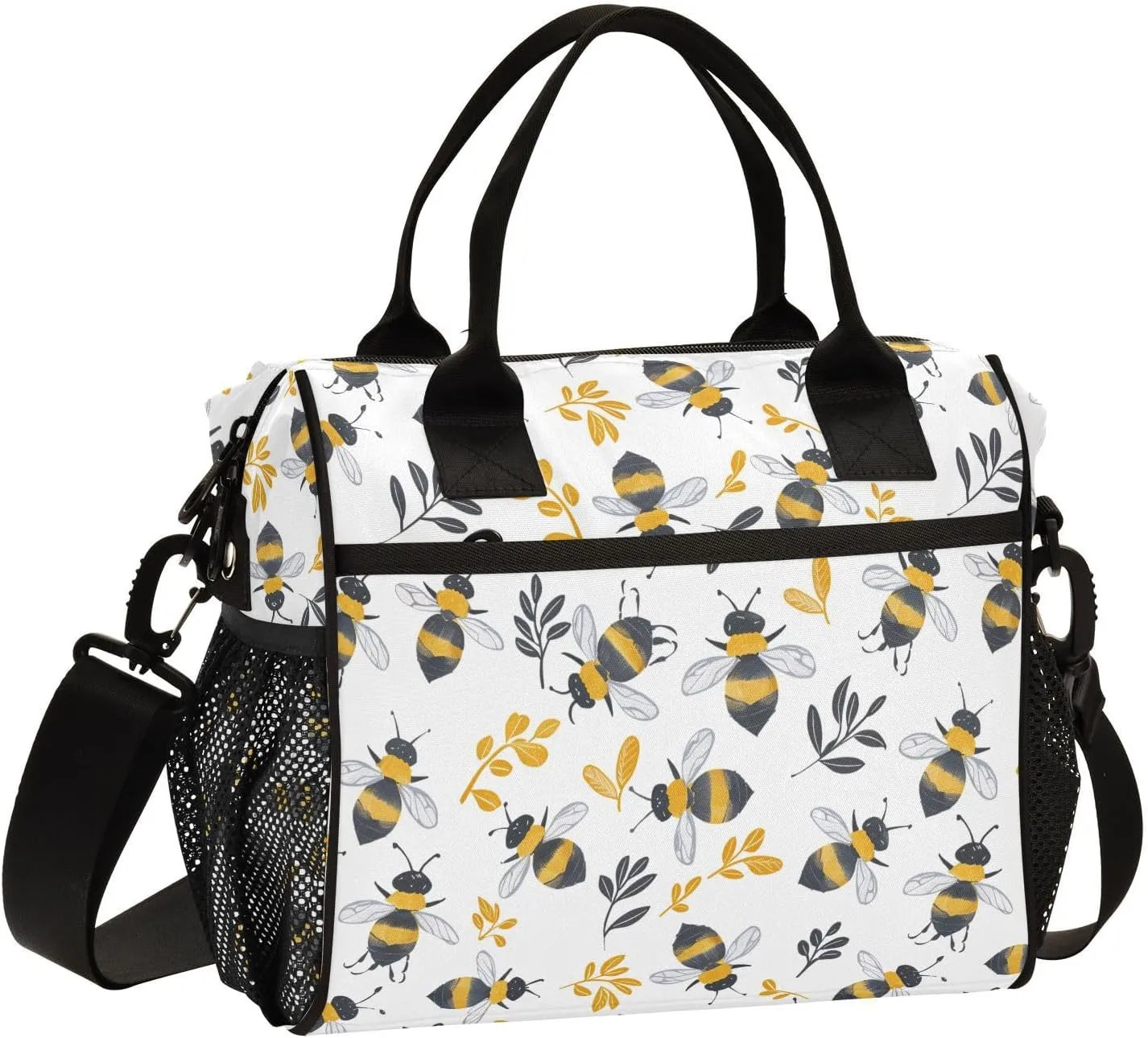 JIPONI Cute Little Bees Insulated Lunch Bag for Women, Lunch Box With Adjustable Shoulder Belt Cooler Tote Bags For Work, Camping, Picnic
