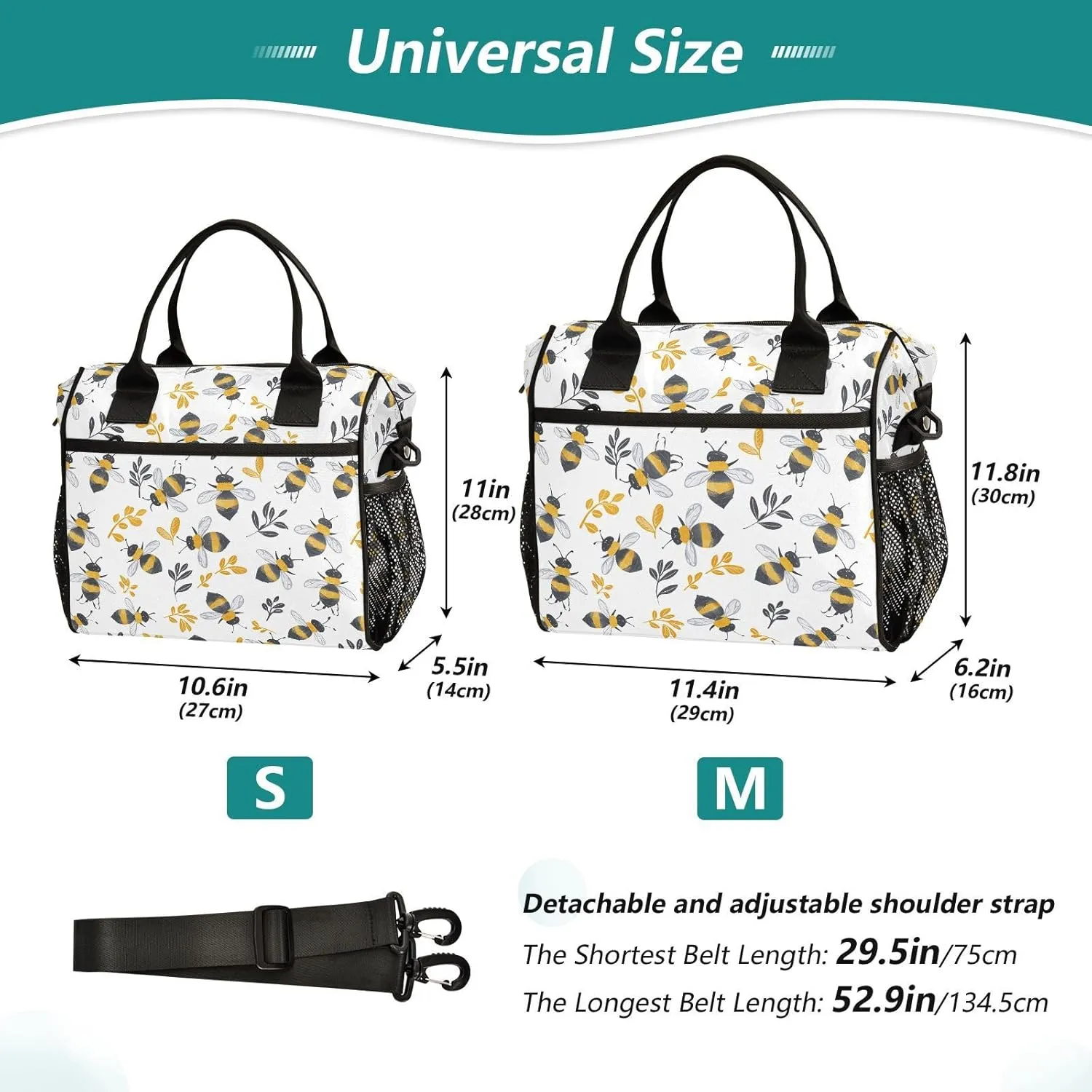 JIPONI Cute Little Bees Insulated Lunch Bag for Women, Lunch Box With Adjustable Shoulder Belt Cooler Tote Bags For Work, Camping, Picnic