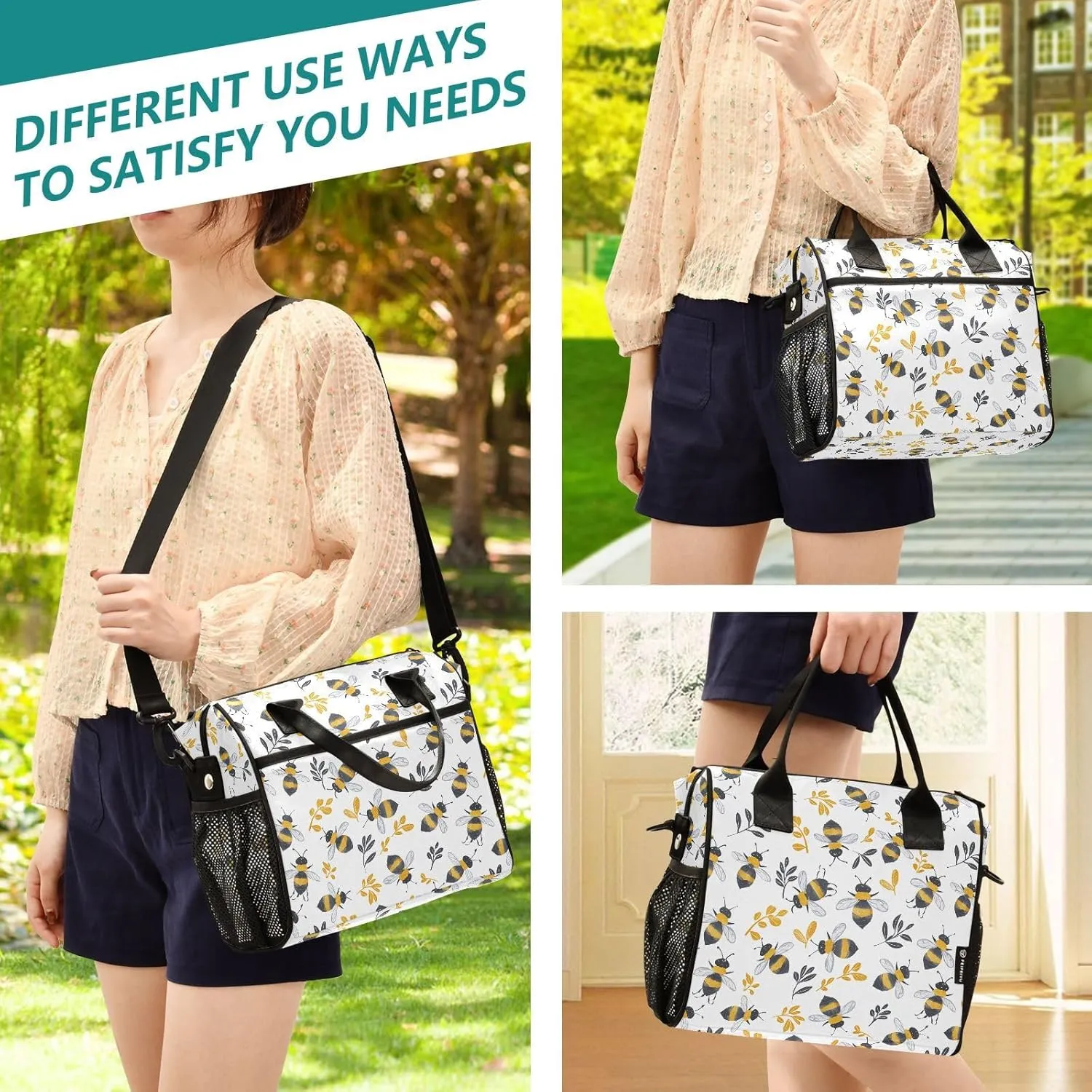 JIPONI Cute Little Bees Insulated Lunch Bag for Women, Lunch Box With Adjustable Shoulder Belt Cooler Tote Bags For Work, Camping, Picnic