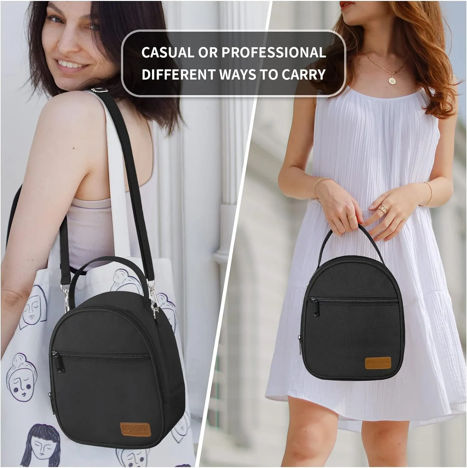 Joymee Lunch Box Insulated Lunch Bag Women Men Reusable Cooler Bag Adult Cute Lunch Tote Bags with Front Zipper Pocket,Adjustable Shoulder Strap for Work Office Picnic Travel, Black