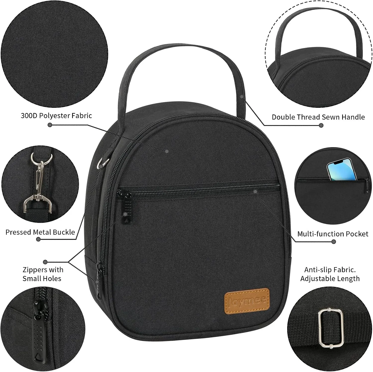 Joymee Lunch Box Insulated Lunch Bag Women Men Reusable Cooler Bag Adult Cute Lunch Tote Bags with Front Zipper Pocket,Adjustable Shoulder Strap for Work Office Picnic Travel, Black