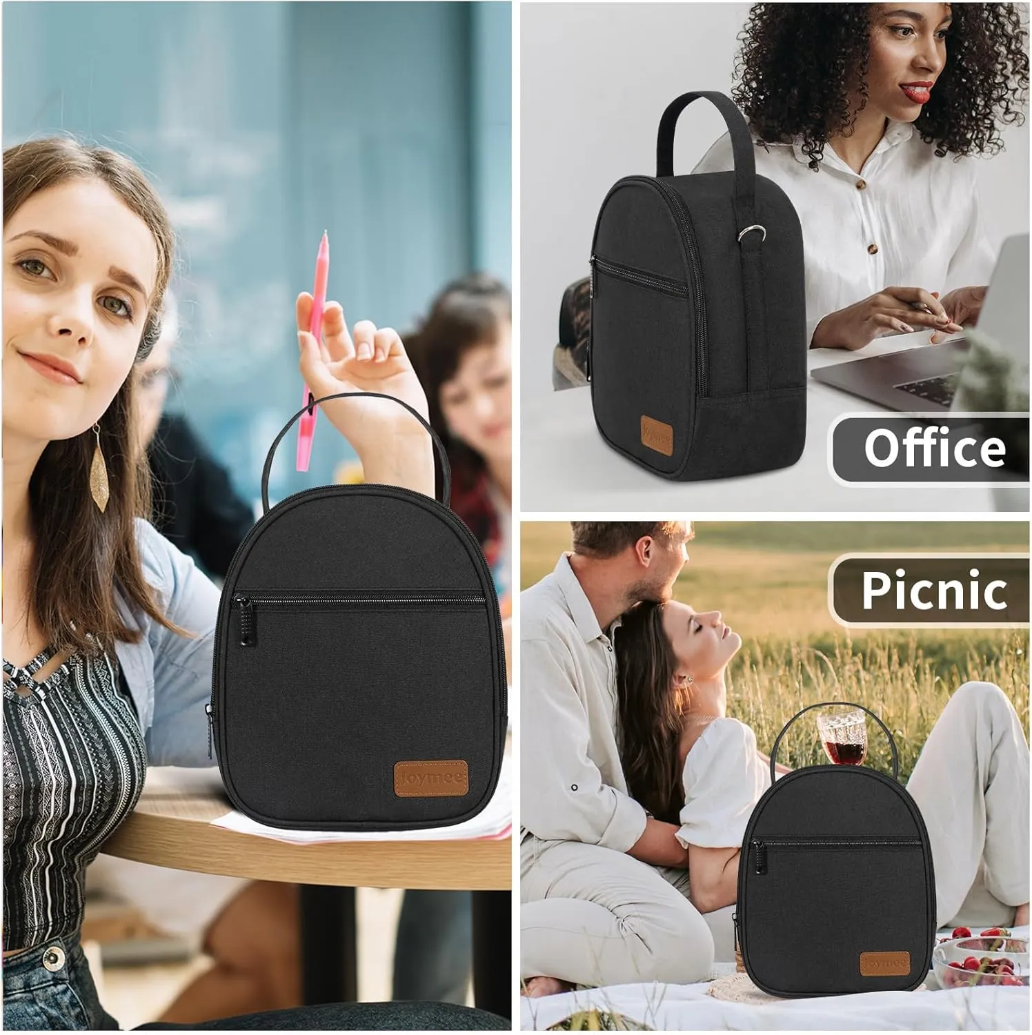 Joymee Lunch Box Insulated Lunch Bag Women Men Reusable Cooler Bag Adult Cute Lunch Tote Bags with Front Zipper Pocket,Adjustable Shoulder Strap for Work Office Picnic Travel, Black