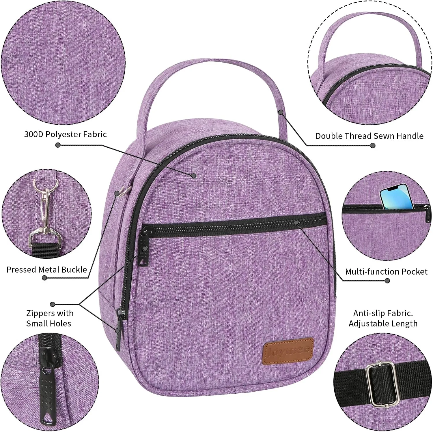 Joymee Lunch Box Insulated Lunch Bag Women Men Reusable Cooler Bag Adult Cute Lunch Tote Bags with Front Zipper Pocket,Adjustable Shoulder Strap for Work Office Picnic Travel, Purple