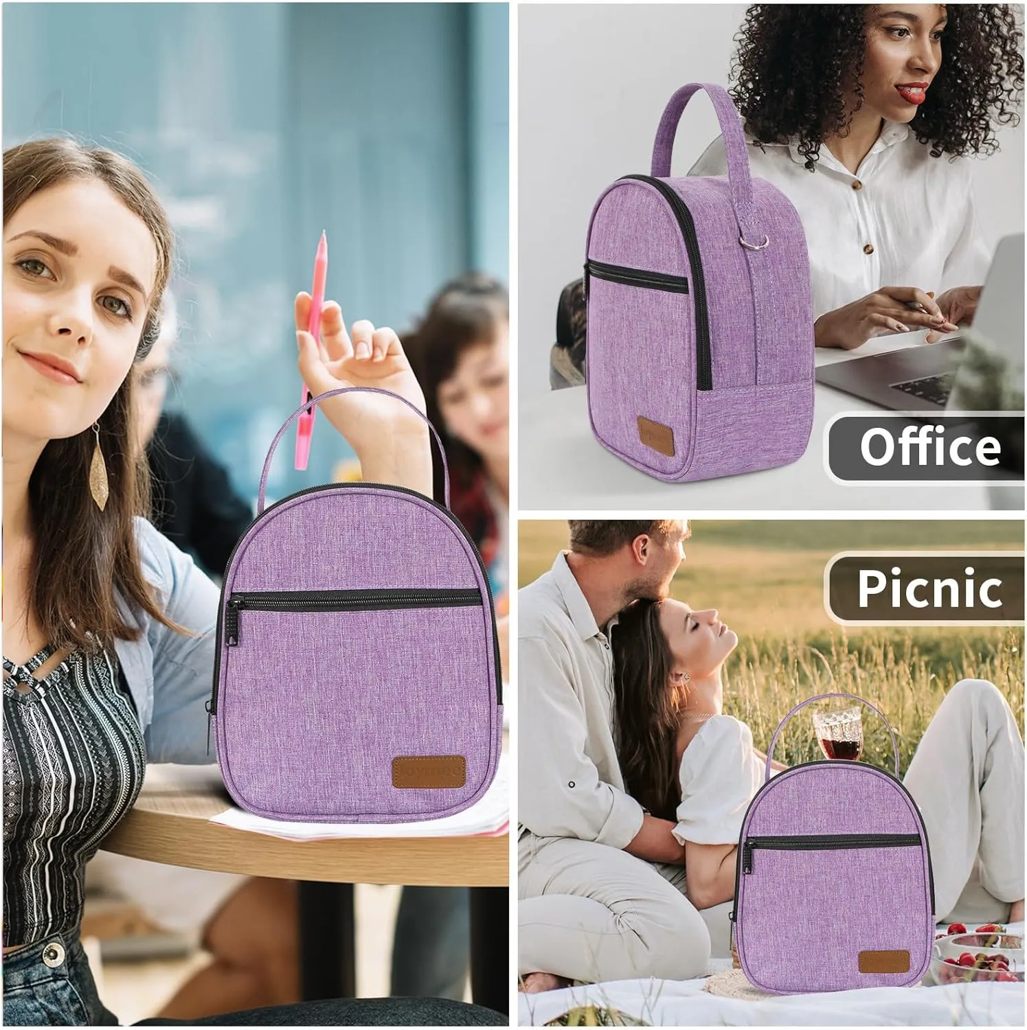 Joymee Lunch Box Insulated Lunch Bag Women Men Reusable Cooler Bag Adult Cute Lunch Tote Bags with Front Zipper Pocket,Adjustable Shoulder Strap for Work Office Picnic Travel, Purple