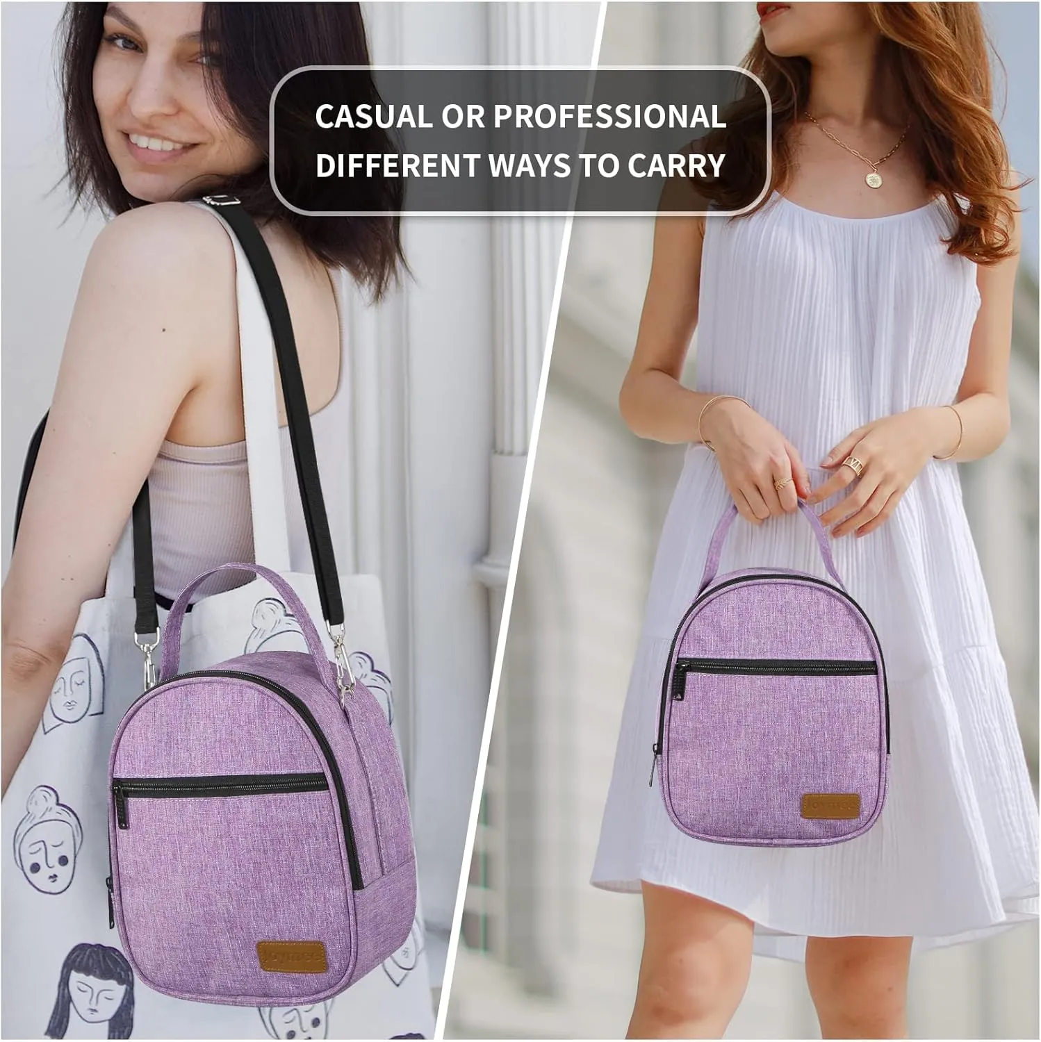 Joymee Lunch Box Insulated Lunch Bag Women Men Reusable Cooler Bag Adult Cute Lunch Tote Bags with Front Zipper Pocket,Adjustable Shoulder Strap for Work Office Picnic Travel, Purple