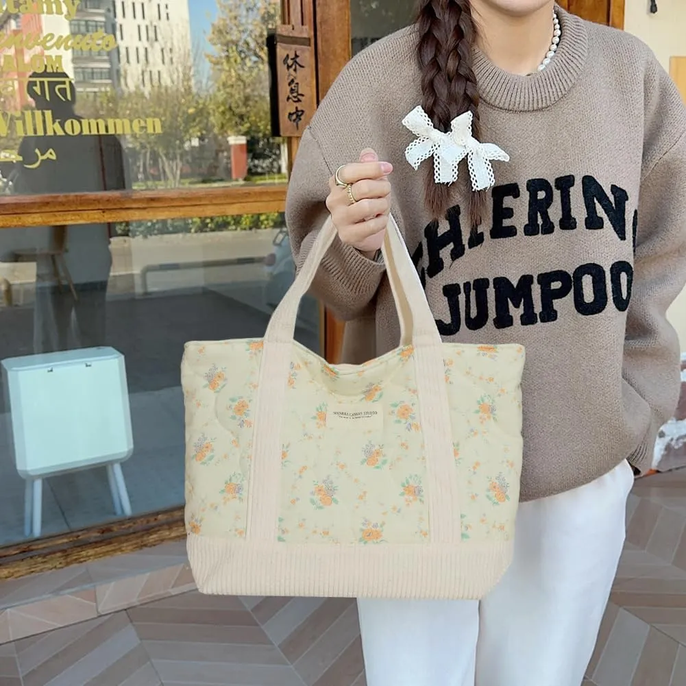 JQWSVE Floral Tote Bag for Women - Coquette Aesthetic Purse - Cute Cotton Quilted Hobo Handbag - Lightweight Small Puffer