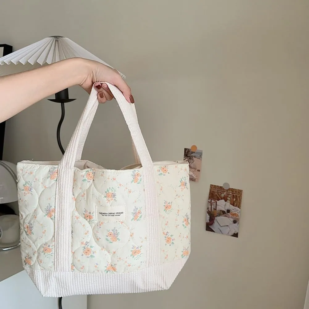 JQWSVE Floral Tote Bag for Women - Coquette Aesthetic Purse - Cute Cotton Quilted Hobo Handbag - Lightweight Small Puffer
