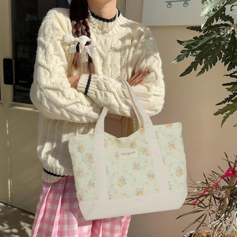 JQWSVE Floral Tote Bag for Women - Coquette Aesthetic Purse - Cute Cotton Quilted Hobo Handbag - Lightweight Small Puffer