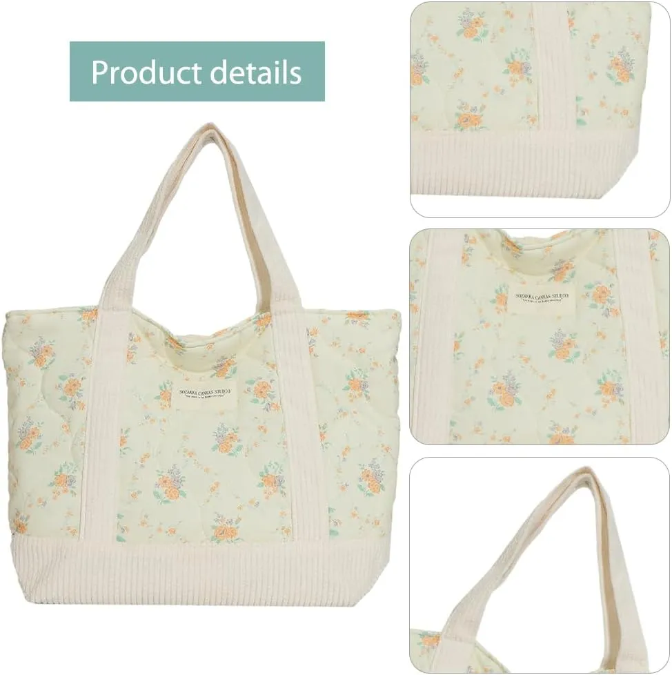 JQWSVE Floral Tote Bag for Women - Coquette Aesthetic Purse - Cute Cotton Quilted Hobo Handbag - Lightweight Small Puffer