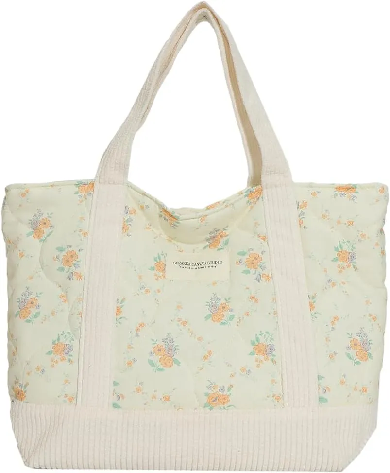 JQWSVE Floral Tote Bag for Women - Coquette Aesthetic Purse - Cute Cotton Quilted Hobo Handbag - Lightweight Small Puffer