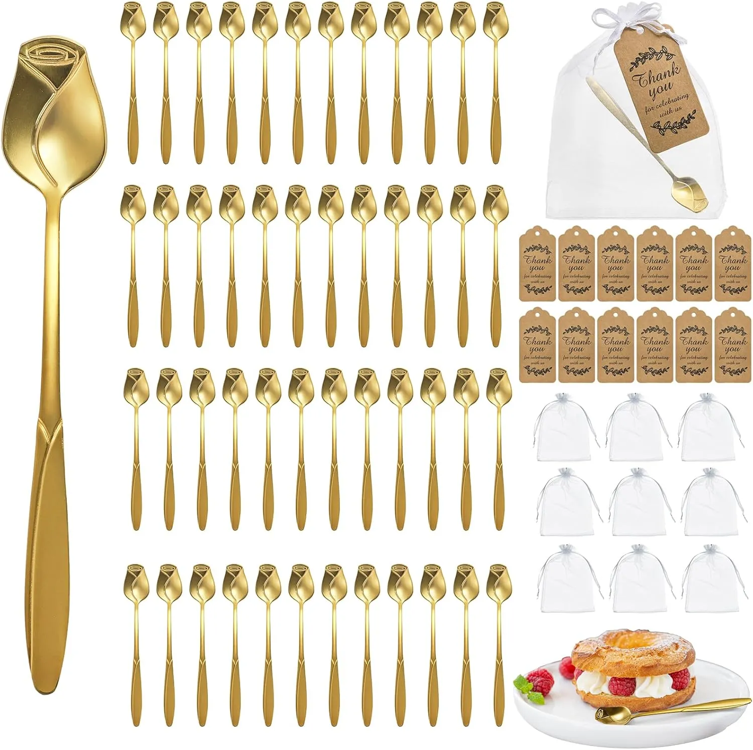 Jucoan 50 Set Bridal Shower Party Favor for Guests, Stainless Steel Rose Shaped Coffee Spoons Tea Party Favor Set with Sheer Organza Favor Gift Bag, Thank You Card for Wedding Engagement Souvenir