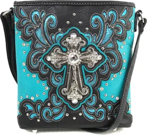 Justin West Bling Gleam Rhinestone Cross Floral Messenger Bag Purse with Long Cross Body Strap