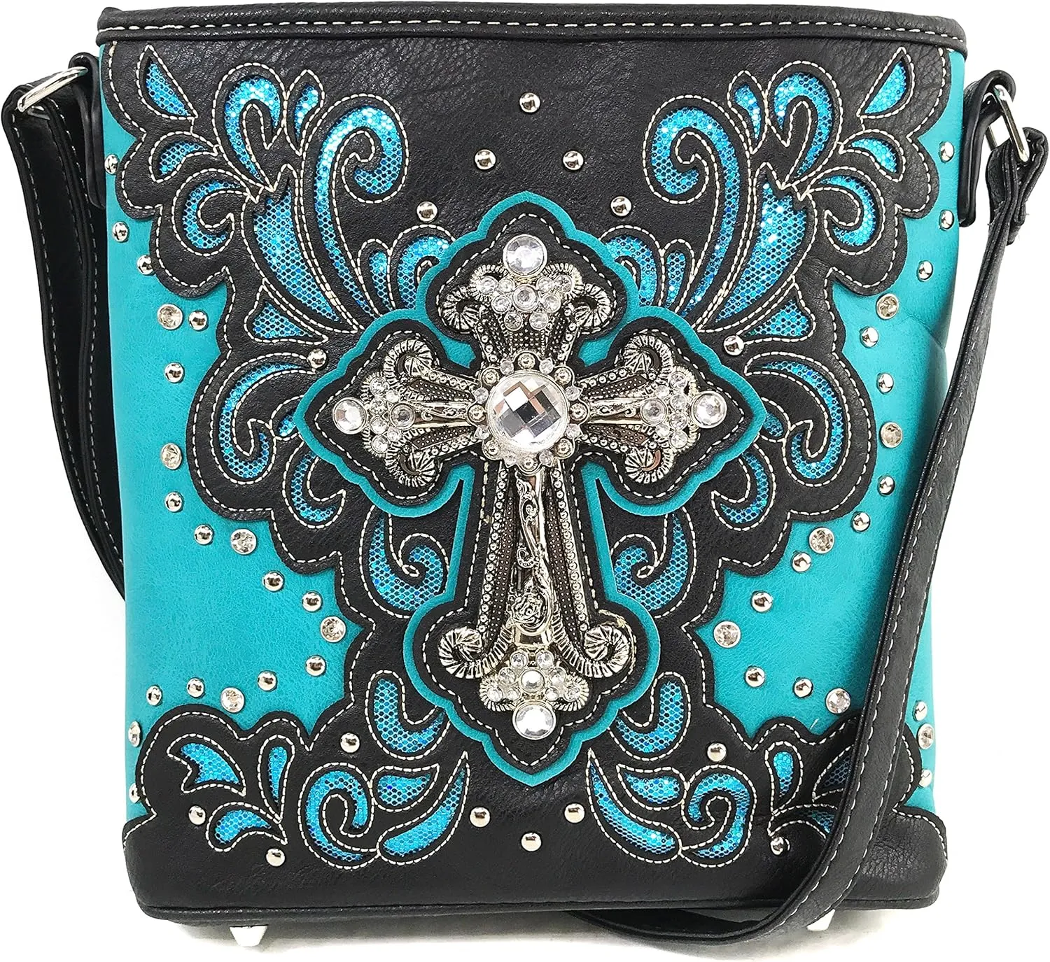 Justin West Bling Gleam Rhinestone Cross Floral Messenger Bag Purse with Long Cross Body Strap