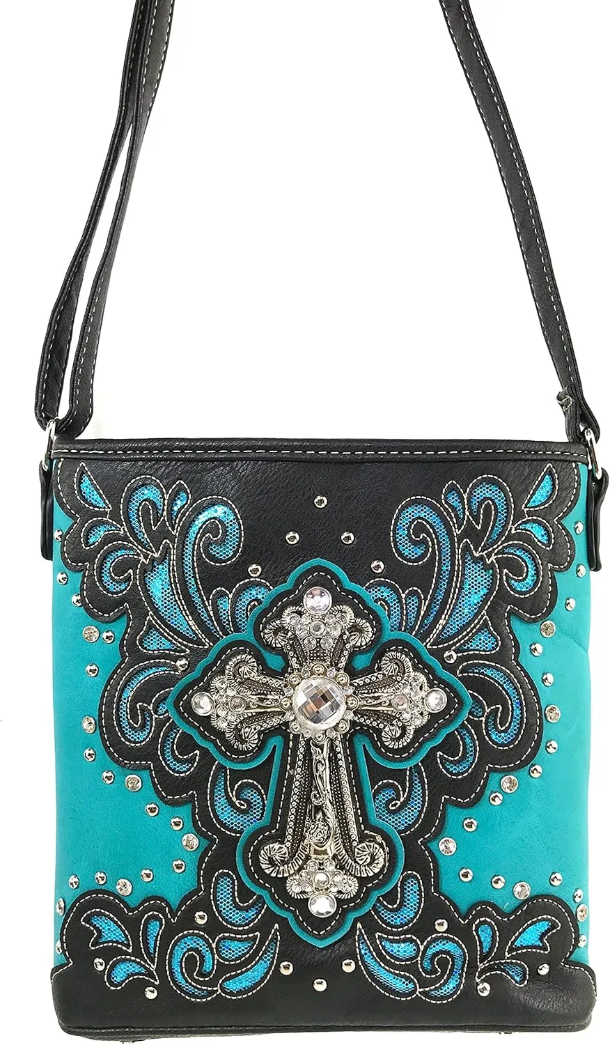 Justin West Bling Gleam Rhinestone Cross Floral Messenger Bag Purse with Long Cross Body Strap