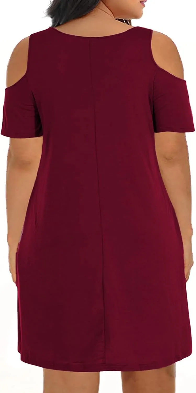 Kancystore Women Plus Size Dresses Short Sleeve Cold Shoulder Casual T-Shirt Swing Dress with Pockets