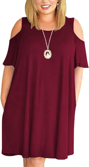 Kancystore Women Plus Size Dresses Short Sleeve Cold Shoulder Casual T-Shirt Swing Dress with Pockets