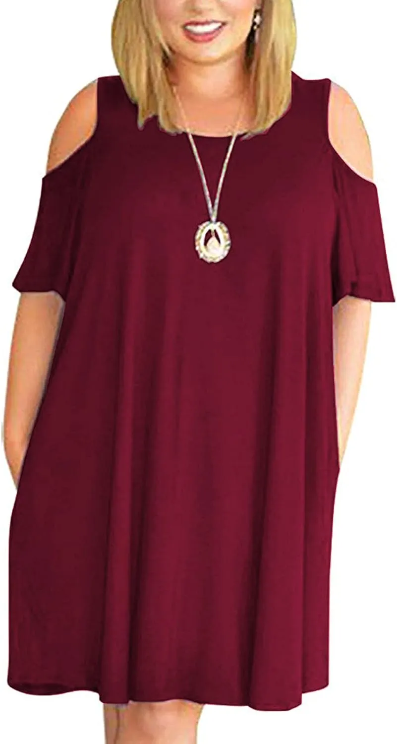 Kancystore Women Plus Size Dresses Short Sleeve Cold Shoulder Casual T-Shirt Swing Dress with Pockets