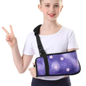 Kids Arm Sling for Shoulder Immobilizer Injury with Rotatable Buckle, Cute Embossed Printed Fabric Arm Brace for Girls, Medical Shoulder Brace for Children (Purple, Small)