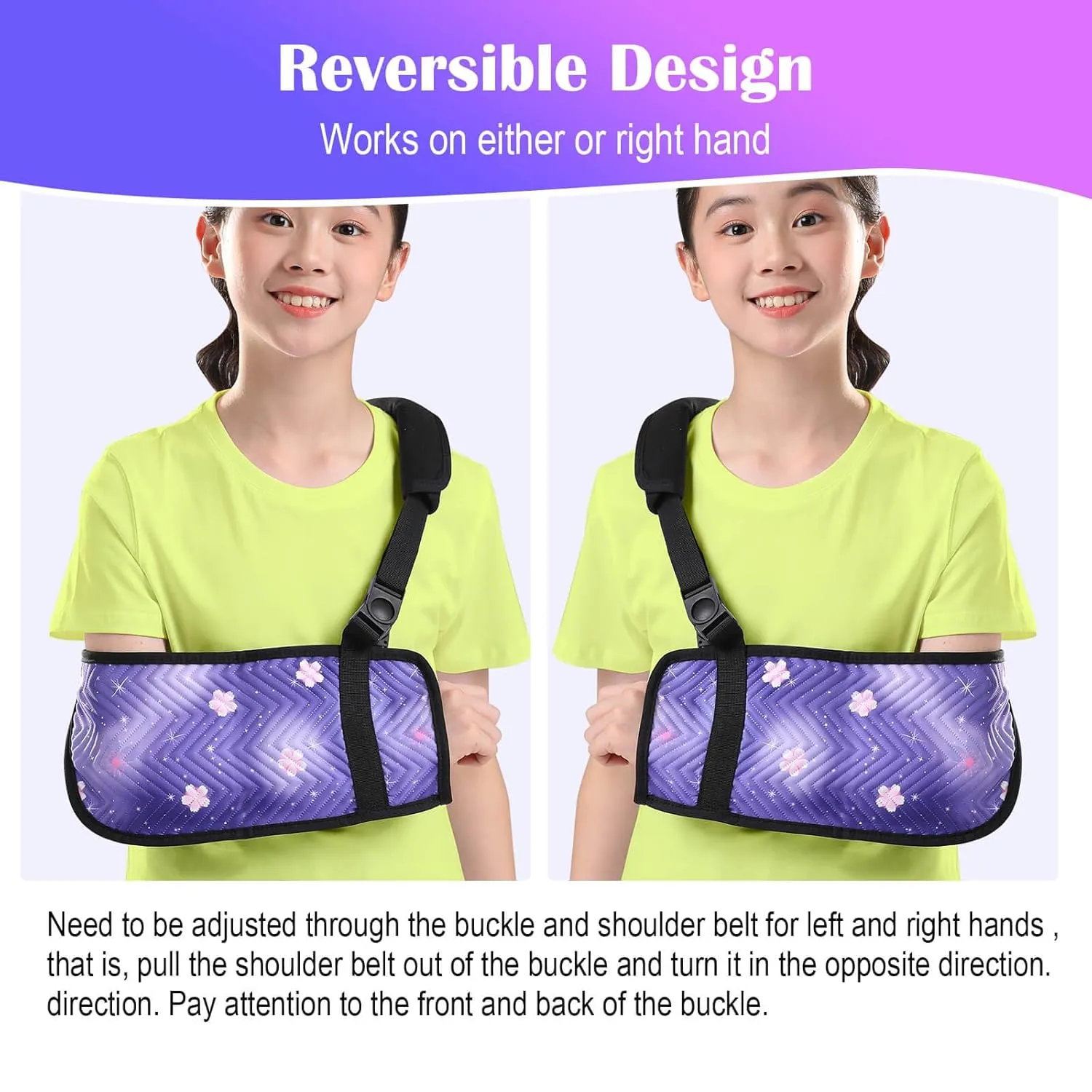 Kids Arm Sling for Shoulder Immobilizer Injury with Rotatable Buckle, Cute Embossed Printed Fabric Arm Brace for Girls, Medical Shoulder Brace for Children (Purple, Small)