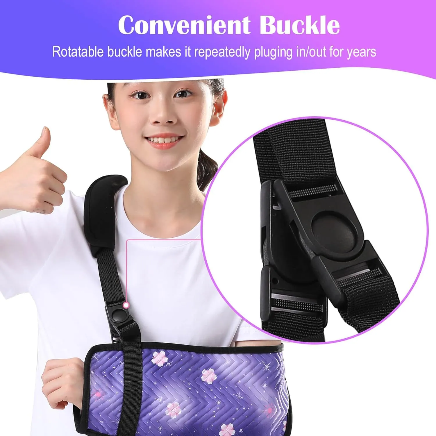 Kids Arm Sling for Shoulder Immobilizer Injury with Rotatable Buckle, Cute Embossed Printed Fabric Arm Brace for Girls, Medical Shoulder Brace for Children (Purple, Small)