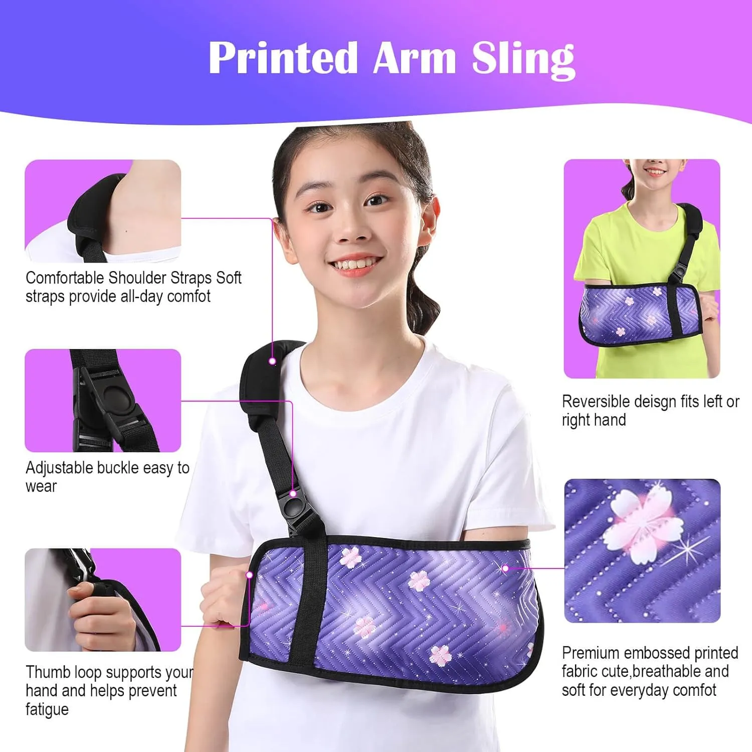 Kids Arm Sling for Shoulder Immobilizer Injury with Rotatable Buckle, Cute Embossed Printed Fabric Arm Brace for Girls, Medical Shoulder Brace for Children (Purple, Small)