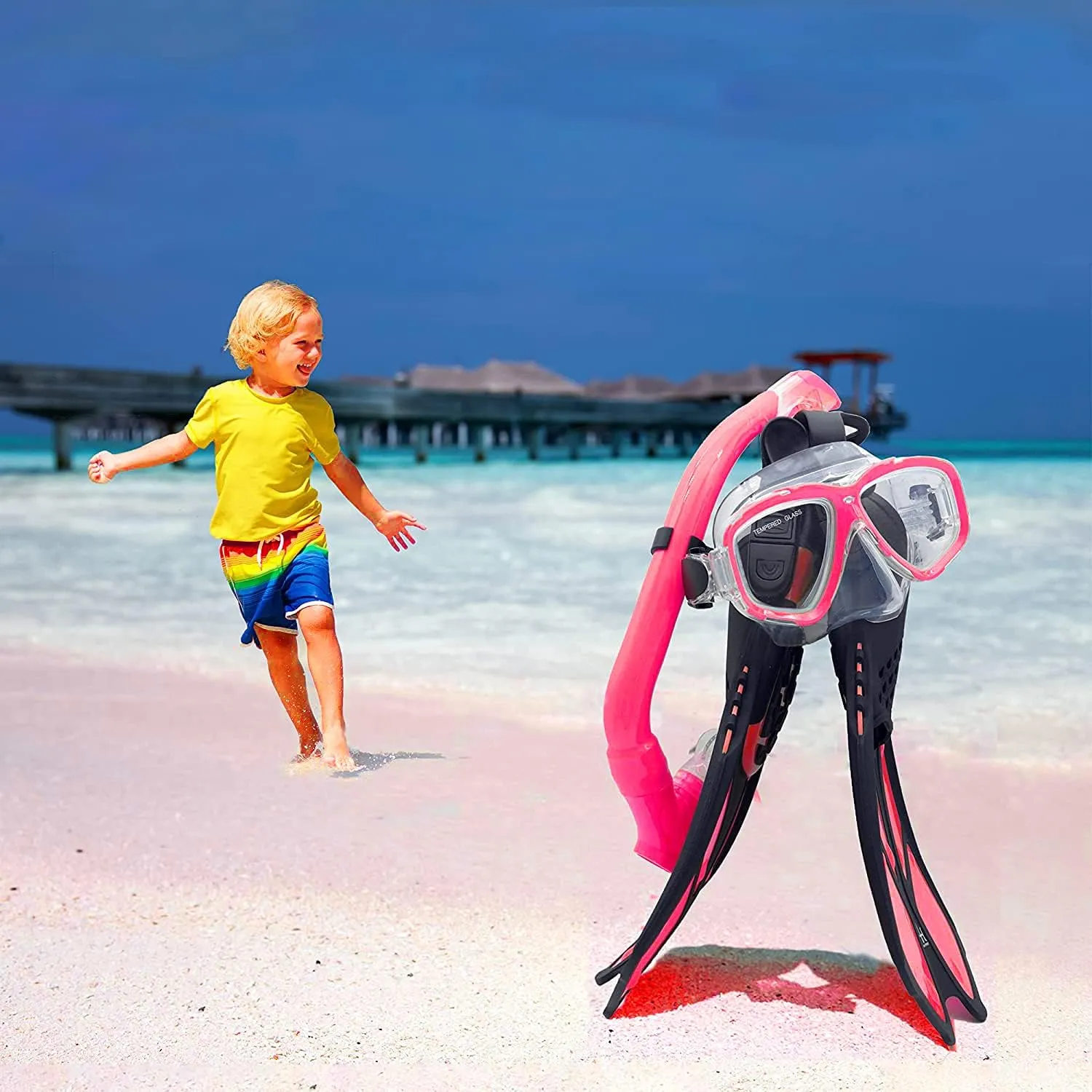 Kids Mask Fins Snorkel Set Snorkeling Packages, with Diving Mask, Snorkel, Adjustable Swim Fins, Mesh Bag, Anti-Fog Anti-Leak Snorkeling Gear for Kids for Snorkeling Swimming Diving