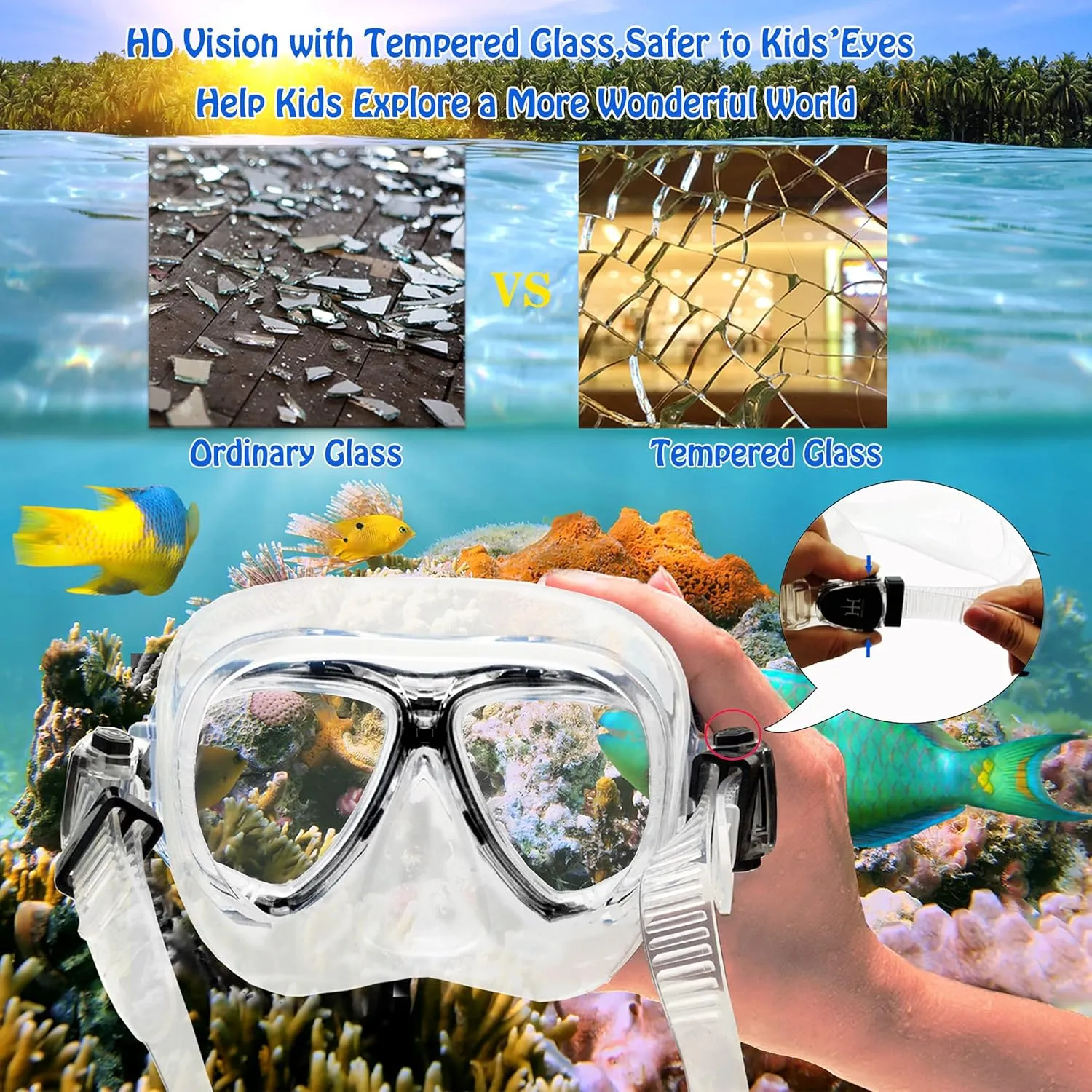 Kids Mask Fins Snorkel Set Snorkeling Packages, with Diving Mask, Snorkel, Adjustable Swim Fins, Mesh Bag, Anti-Fog Anti-Leak Snorkeling Gear for Kids for Snorkeling Swimming Diving